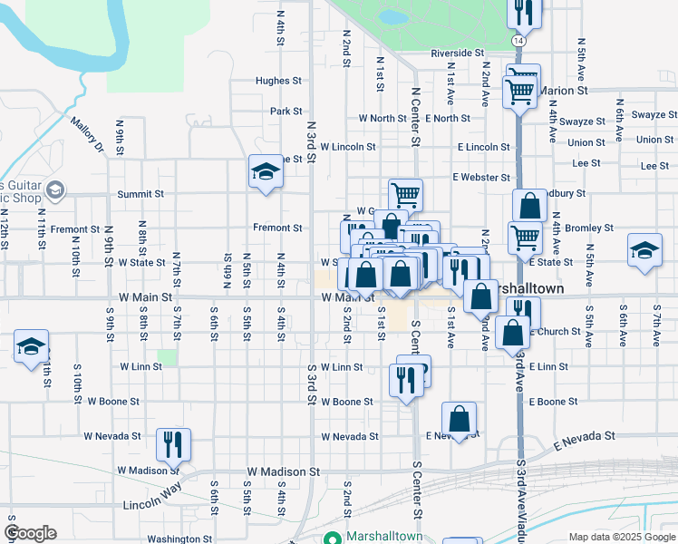 map of restaurants, bars, coffee shops, grocery stores, and more near 135 West Main Street in Marshalltown