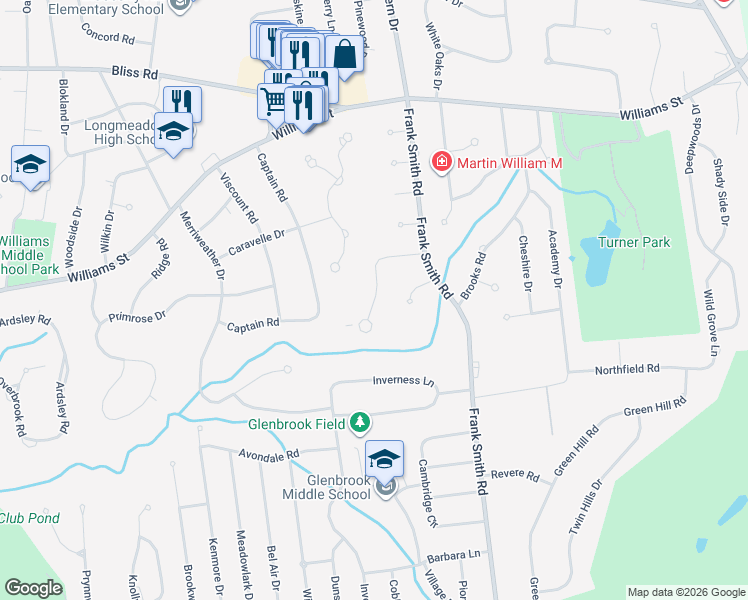 map of restaurants, bars, coffee shops, grocery stores, and more near 120 Ashford Road in Longmeadow