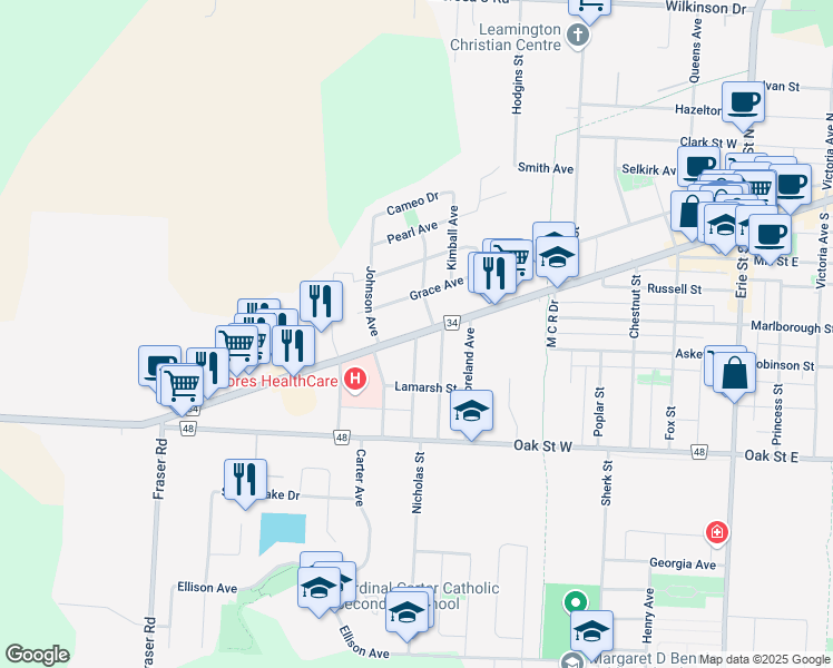 map of restaurants, bars, coffee shops, grocery stores, and more near 165 Talbot Street West in Leamington
