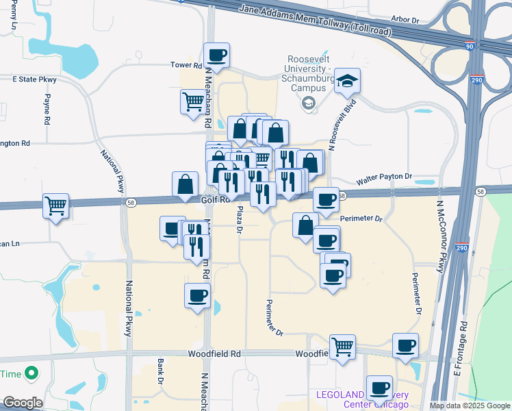 map of restaurants, bars, coffee shops, grocery stores, and more near 1111 Plaza Drive in Schaumburg