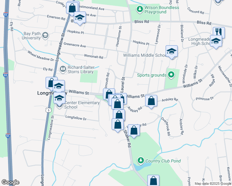 map of restaurants, bars, coffee shops, grocery stores, and more near 207 Williams Street in Longmeadow