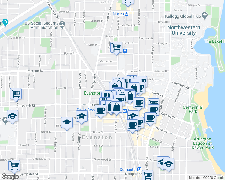 map of restaurants, bars, coffee shops, grocery stores, and more near 1800 Maple Avenue in Evanston