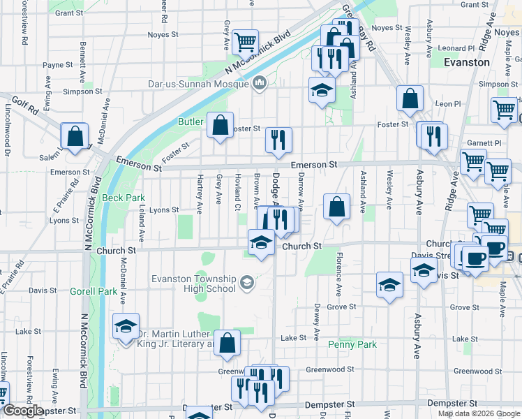 map of restaurants, bars, coffee shops, grocery stores, and more near 1728 Brown Avenue in Evanston