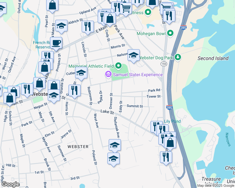 map of restaurants, bars, coffee shops, grocery stores, and more near 12 Eddy Street in Webster