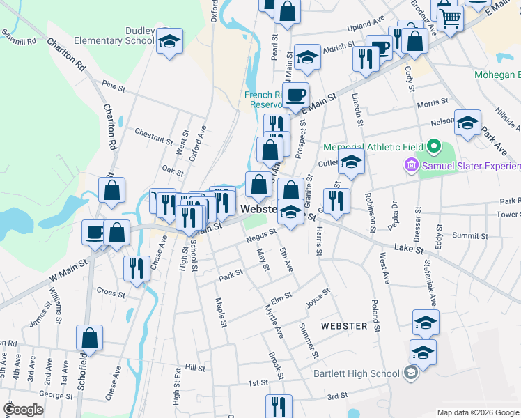 map of restaurants, bars, coffee shops, grocery stores, and more near in Webster