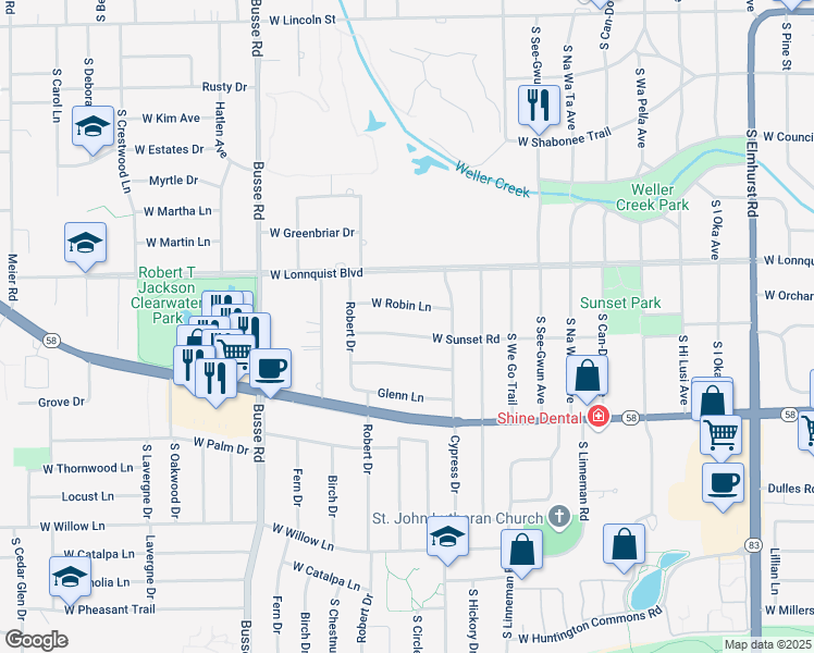 map of restaurants, bars, coffee shops, grocery stores, and more near 1207 West Sunset Road in Mount Prospect