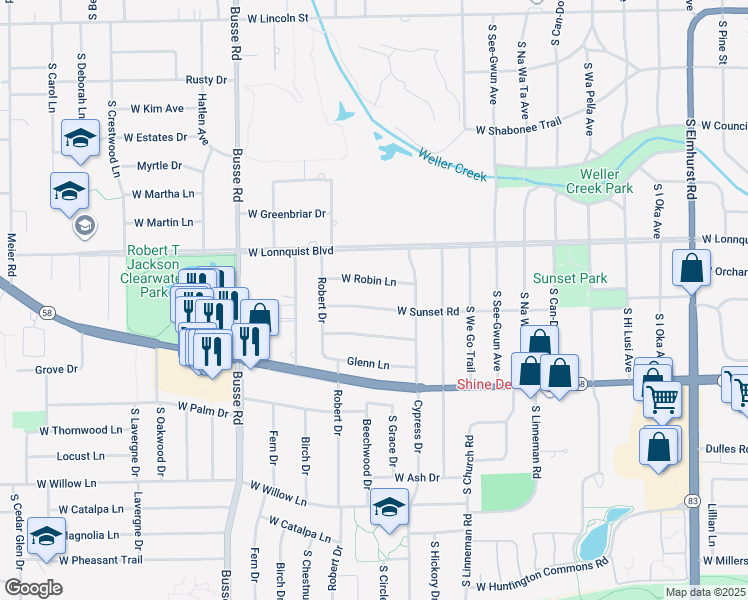 map of restaurants, bars, coffee shops, grocery stores, and more near 1207 West Sunset Road in Mount Prospect