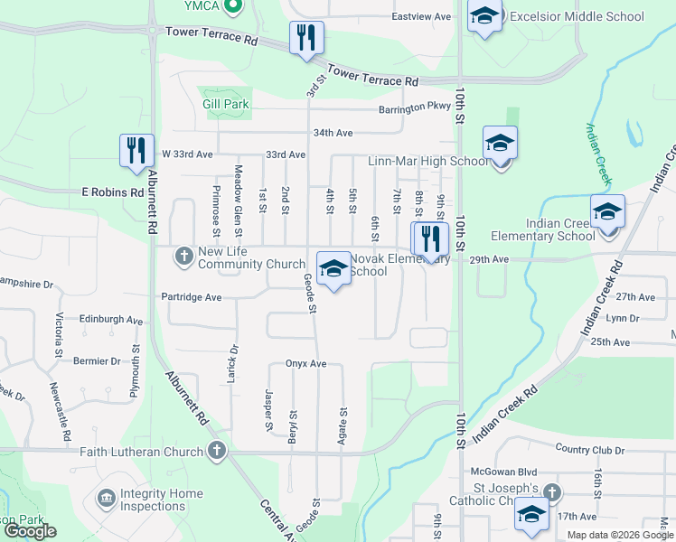 map of restaurants, bars, coffee shops, grocery stores, and more near Geode St in Marion