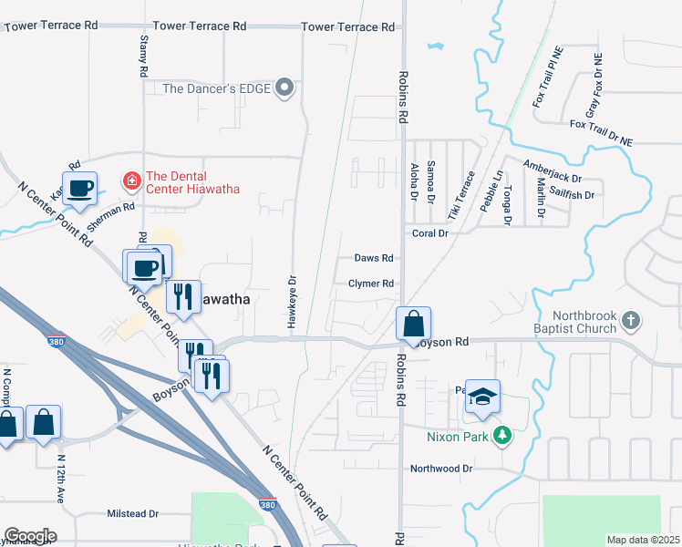 map of restaurants, bars, coffee shops, grocery stores, and more near 385 Clymer Road in Hiawatha