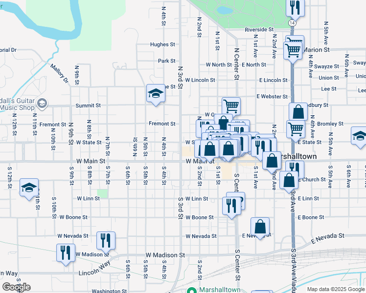 map of restaurants, bars, coffee shops, grocery stores, and more near 7 North 3rd Street in Marshalltown