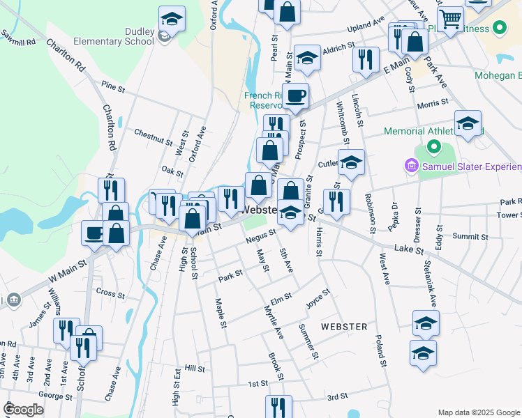 map of restaurants, bars, coffee shops, grocery stores, and more near 2 Lake Street in Webster