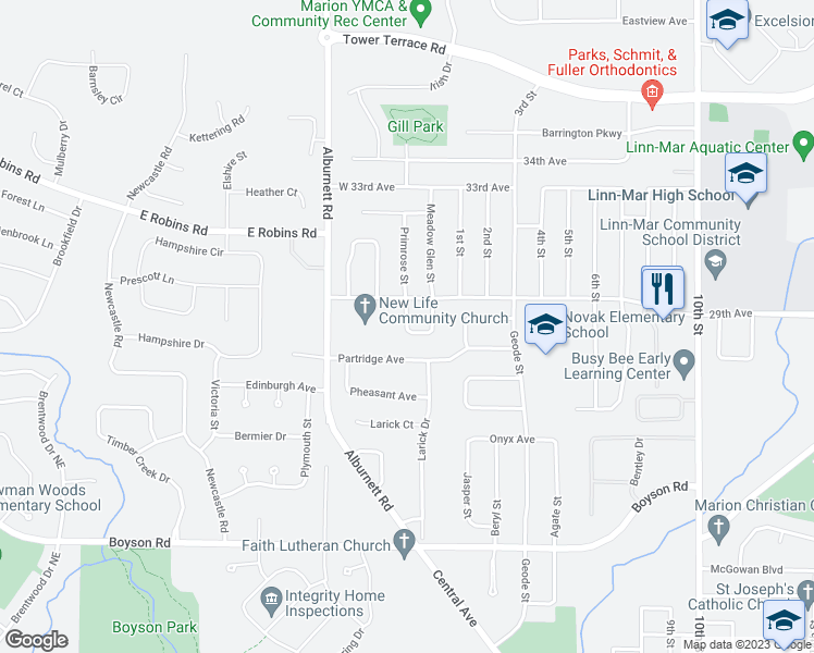 map of restaurants, bars, coffee shops, grocery stores, and more near 139 Meghann Drive in Marion