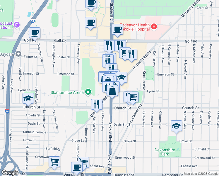 map of restaurants, bars, coffee shops, grocery stores, and more near 9336 Skokie Blvd in Skokie
