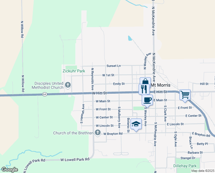map of restaurants, bars, coffee shops, grocery stores, and more near 214 West Hitt Street in Mount Morris