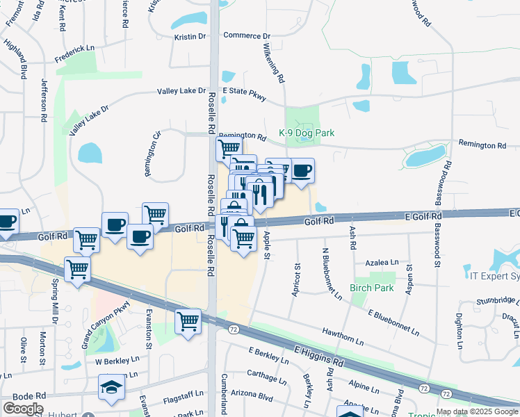 map of restaurants, bars, coffee shops, grocery stores, and more near 100-130 East Golf Road in Schaumburg