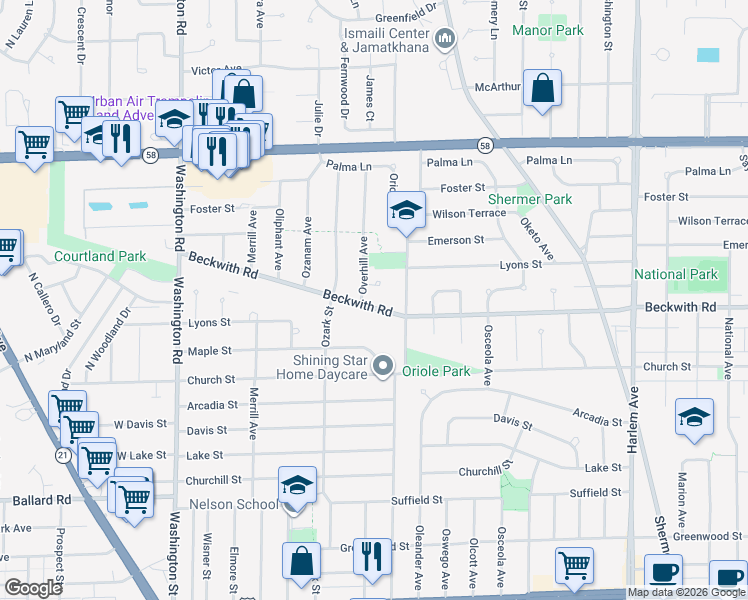 map of restaurants, bars, coffee shops, grocery stores, and more near 7627 Beckwith Road in Morton Grove