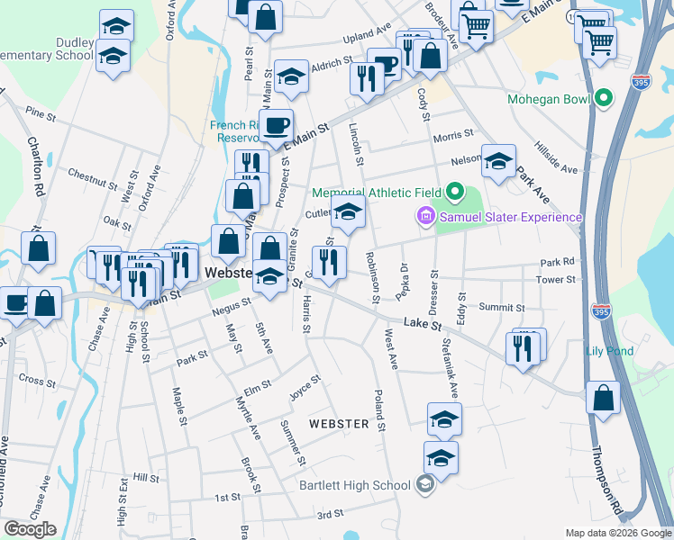 map of restaurants, bars, coffee shops, grocery stores, and more near 51 Lake Street in Webster