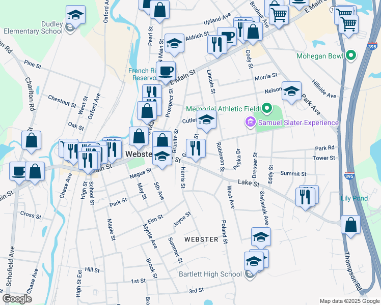 map of restaurants, bars, coffee shops, grocery stores, and more near 51 Lake Street in Webster