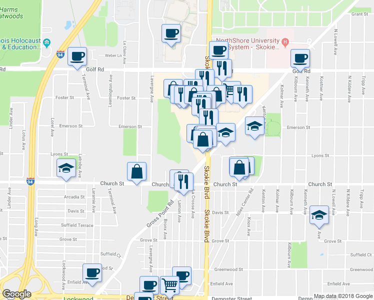 map of restaurants, bars, coffee shops, grocery stores, and more near 9240 Gross Point Road in Skokie