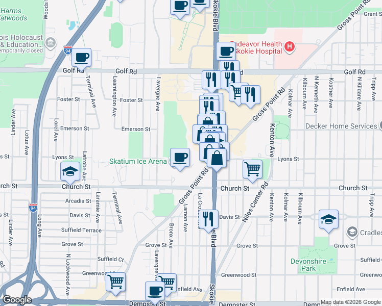 map of restaurants, bars, coffee shops, grocery stores, and more near 9240 Gross Point Road in Skokie