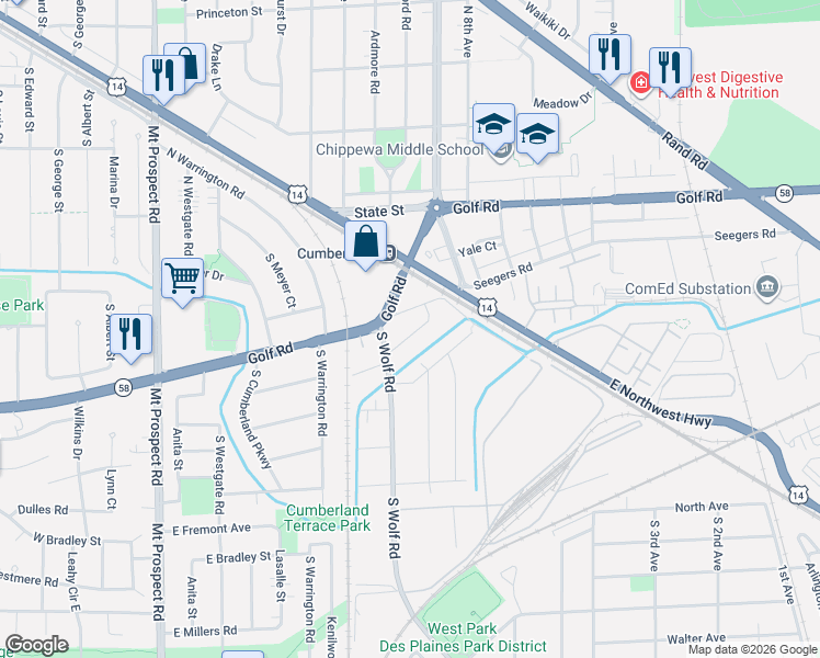 map of restaurants, bars, coffee shops, grocery stores, and more near 485 Harvey Avenue in Des Plaines