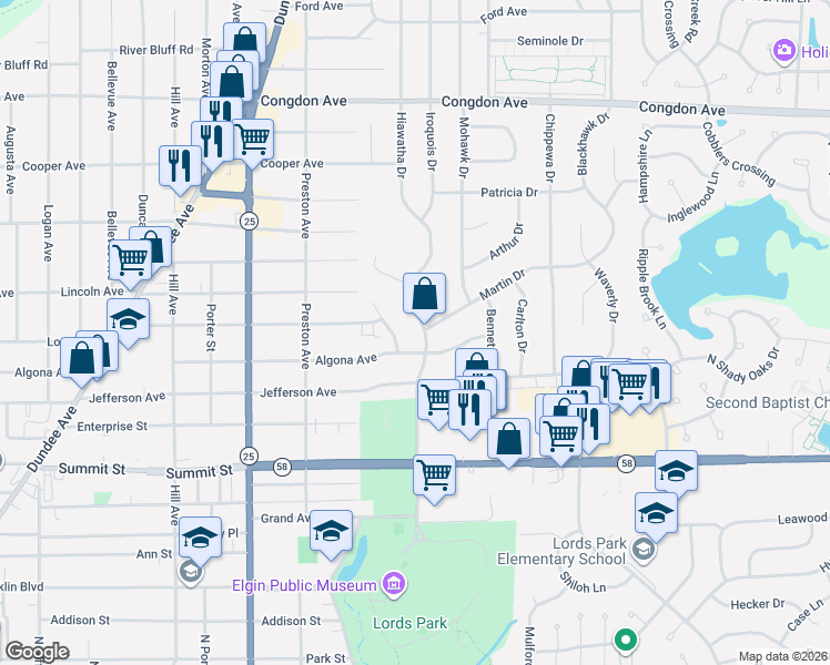 map of restaurants, bars, coffee shops, grocery stores, and more near 765 Algona Avenue in Elgin