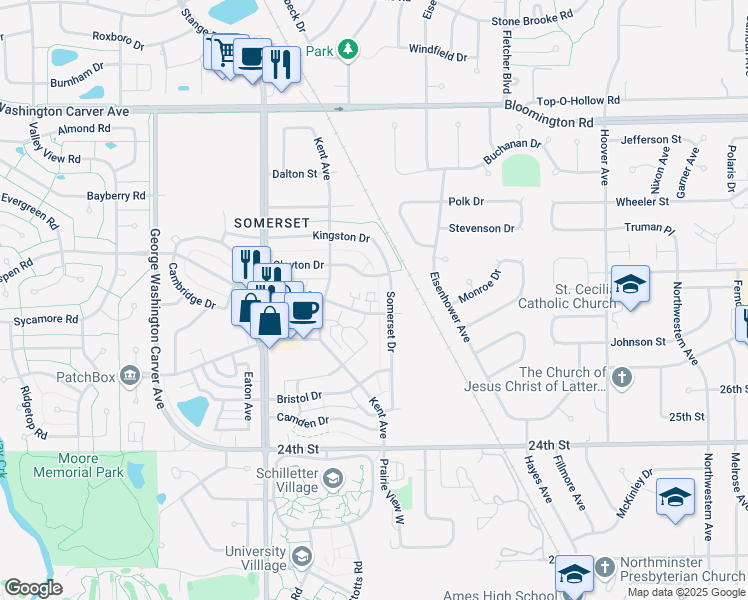 map of restaurants, bars, coffee shops, grocery stores, and more near 2316 Aspen Road in Ames