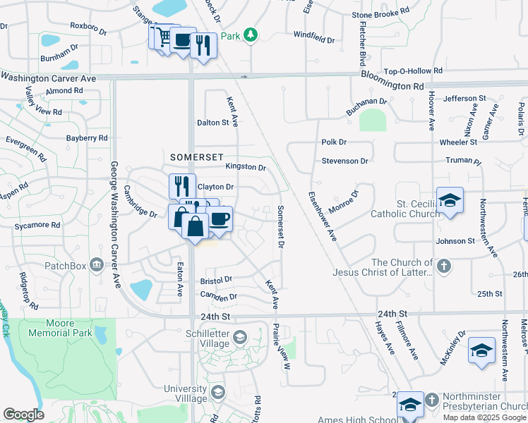 map of restaurants, bars, coffee shops, grocery stores, and more near 2316 Aspen Road in Ames