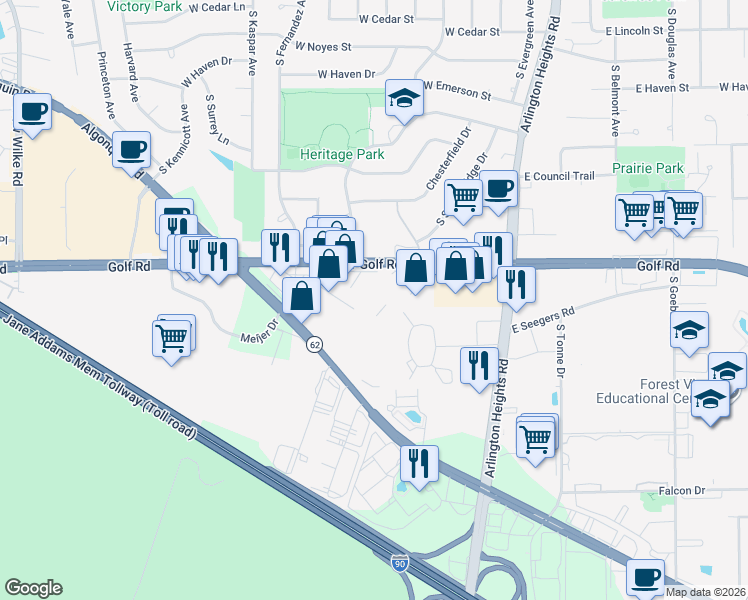 map of restaurants, bars, coffee shops, grocery stores, and more near 415 West Golf Road in Arlington Heights