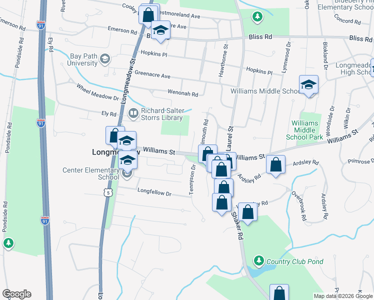 map of restaurants, bars, coffee shops, grocery stores, and more near 15 Parkside Drive in Longmeadow