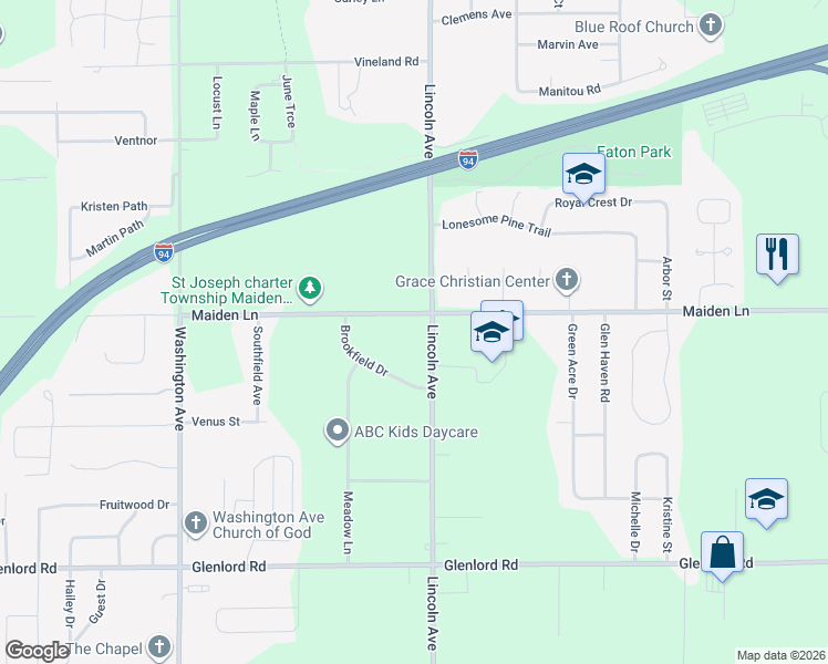 map of restaurants, bars, coffee shops, grocery stores, and more near 953 Brookfield Drive in St. Joseph
