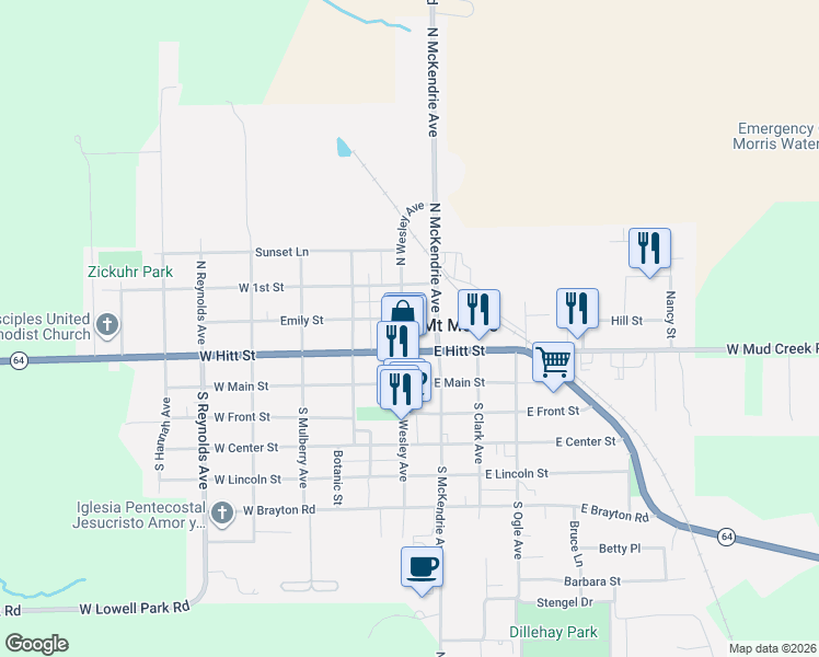 map of restaurants, bars, coffee shops, grocery stores, and more near 1 East Hitt Street in Mount Morris