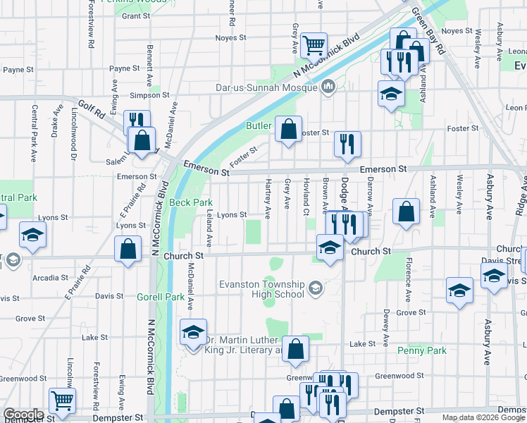 map of restaurants, bars, coffee shops, grocery stores, and more near 1800 Hartrey Avenue in Evanston