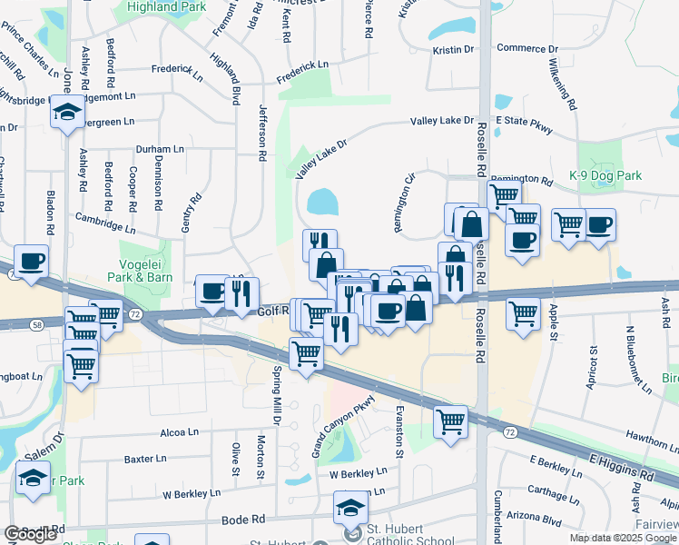 map of restaurants, bars, coffee shops, grocery stores, and more near 1405 Valley Lake Drive in Schaumburg
