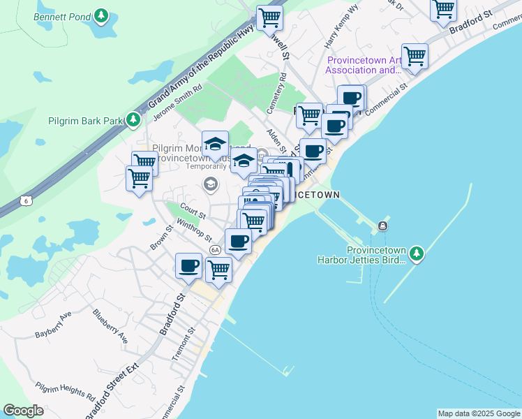 map of restaurants, bars, coffee shops, grocery stores, and more near 205 Commercial Street in Provincetown