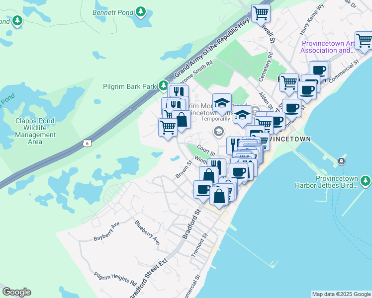 map of restaurants, bars, coffee shops, grocery stores, and more near 25 Shank Painter Road in Provincetown