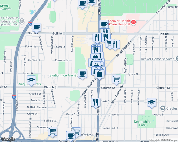 map of restaurants, bars, coffee shops, grocery stores, and more near 9240 Gross Point Road in Skokie