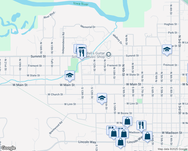 map of restaurants, bars, coffee shops, grocery stores, and more near 101 North 12th Street in Marshalltown