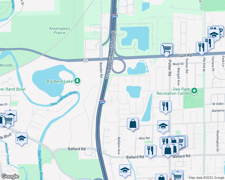 map of restaurants, bars, coffee shops, grocery stores, and more near 9462 Bay Colony Drive in Des Plaines