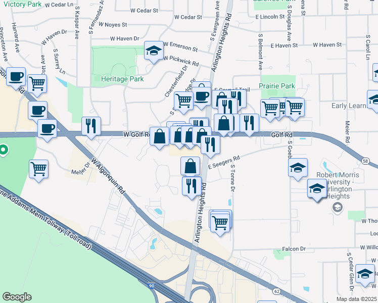 map of restaurants, bars, coffee shops, grocery stores, and more near 53 West Golf Road in Arlington Heights