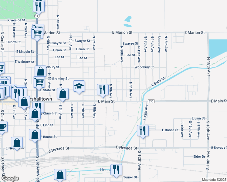 map of restaurants, bars, coffee shops, grocery stores, and more near 100 North 9th Avenue in Marshalltown