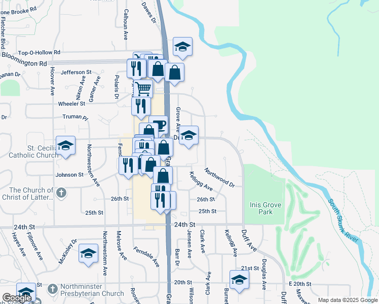 map of restaurants, bars, coffee shops, grocery stores, and more near 3012 Duff Avenue in Ames
