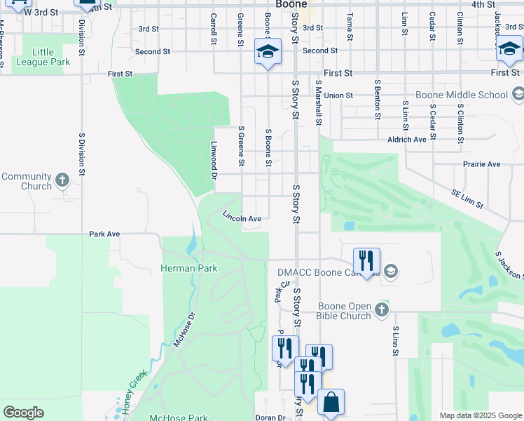 map of restaurants, bars, coffee shops, grocery stores, and more near 527 South Boone Street in Boone