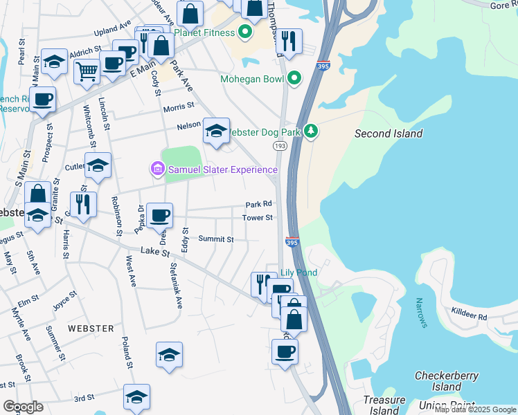 map of restaurants, bars, coffee shops, grocery stores, and more near 5 Oak Lane in Webster