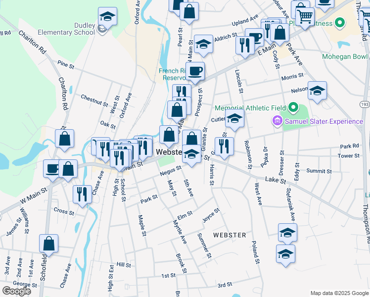map of restaurants, bars, coffee shops, grocery stores, and more near 13 Prospect Street in Webster