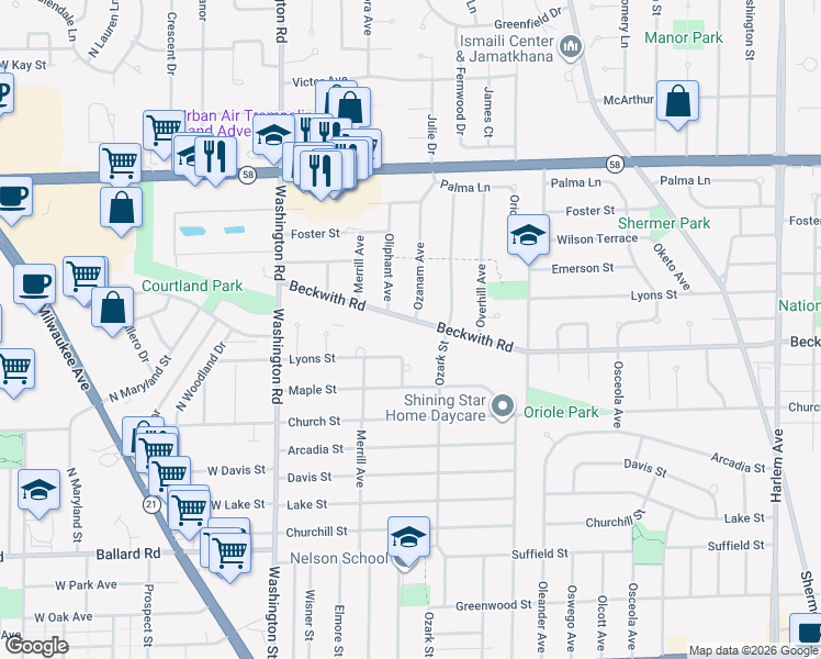 map of restaurants, bars, coffee shops, grocery stores, and more near 9338 Ozanam Avenue in Morton Grove