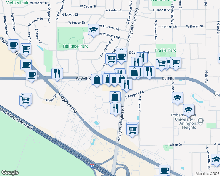 map of restaurants, bars, coffee shops, grocery stores, and more near 53 West Golf Road in Arlington Heights