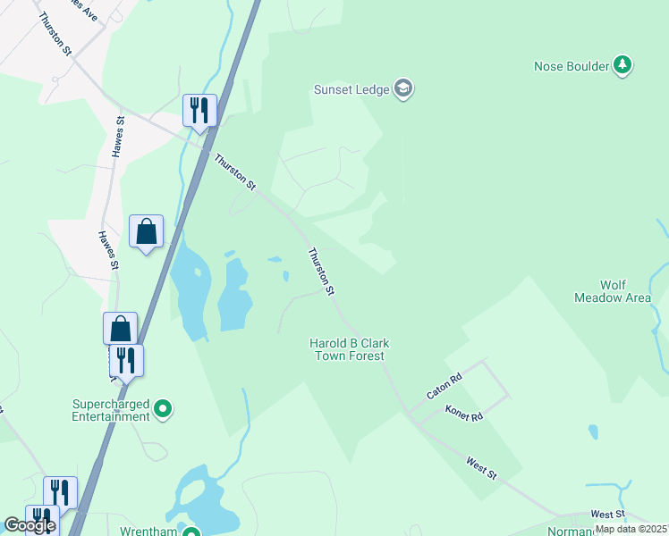 map of restaurants, bars, coffee shops, grocery stores, and more near 625 Thurston Street in Wrentham
