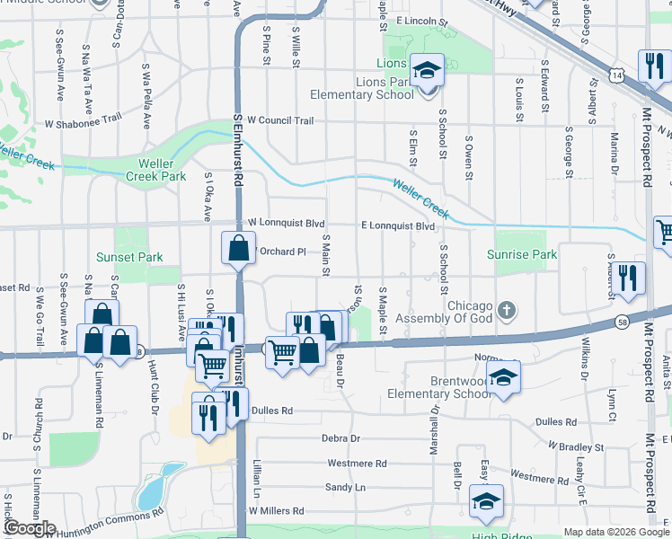 map of restaurants, bars, coffee shops, grocery stores, and more near 807 South Main Street in Mount Prospect