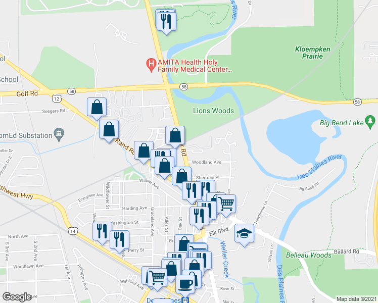 map of restaurants, bars, coffee shops, grocery stores, and more near 173 South Des Plaines River Road in Des Plaines
